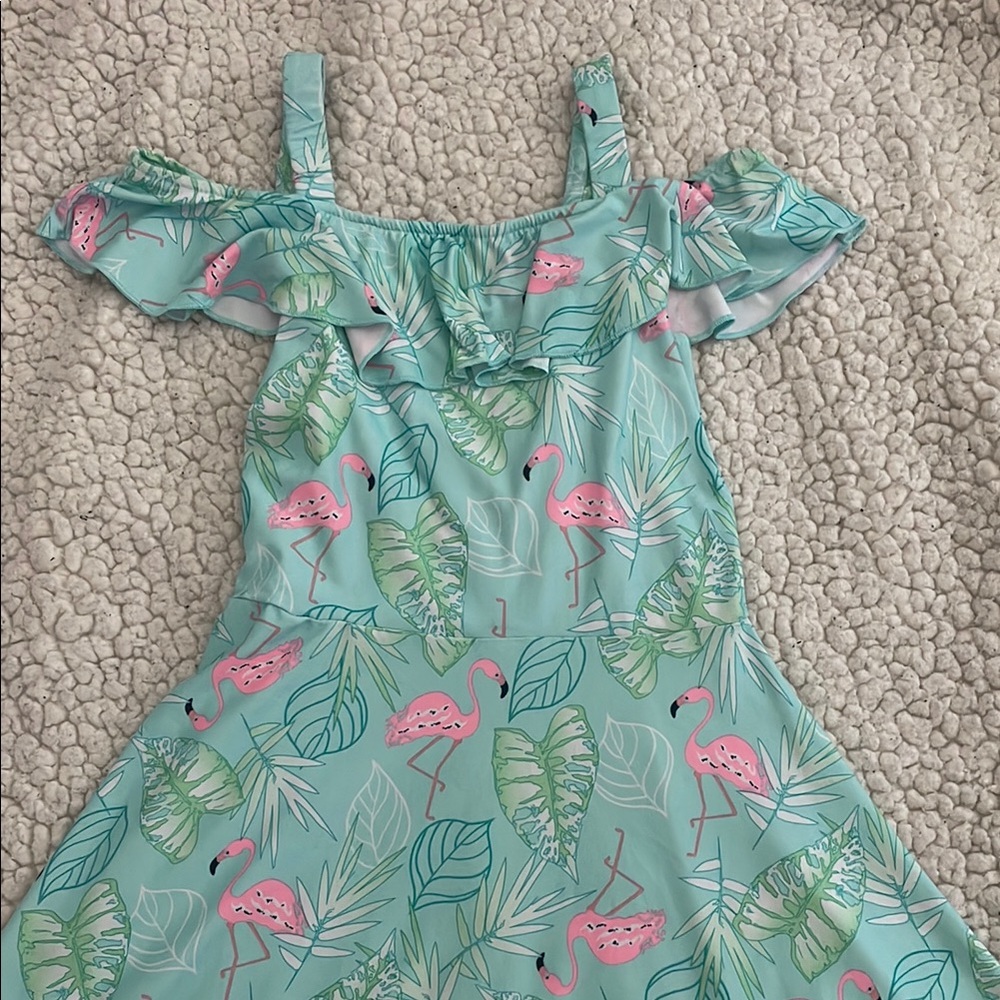 Flamingo Print Kids Casual Dress - Green and Pink